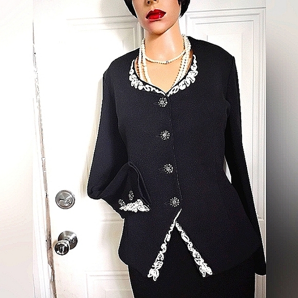 SALE! ST JOHN EVENING 8 SANTANA KNIT SOUTACHE LACE SWAROVSKI CRYSTAL SKIRT SUIT - Picture 2 of 12